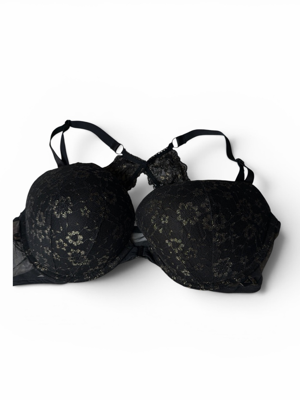 Victorias Secret Black Gold Lace Push Up Front Close Bra Size 40 C